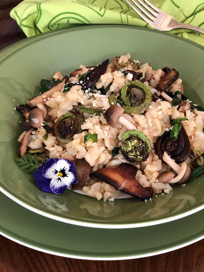 Fiddleheads, ramps and wild mushroom risotto; recipe by katykeck.com